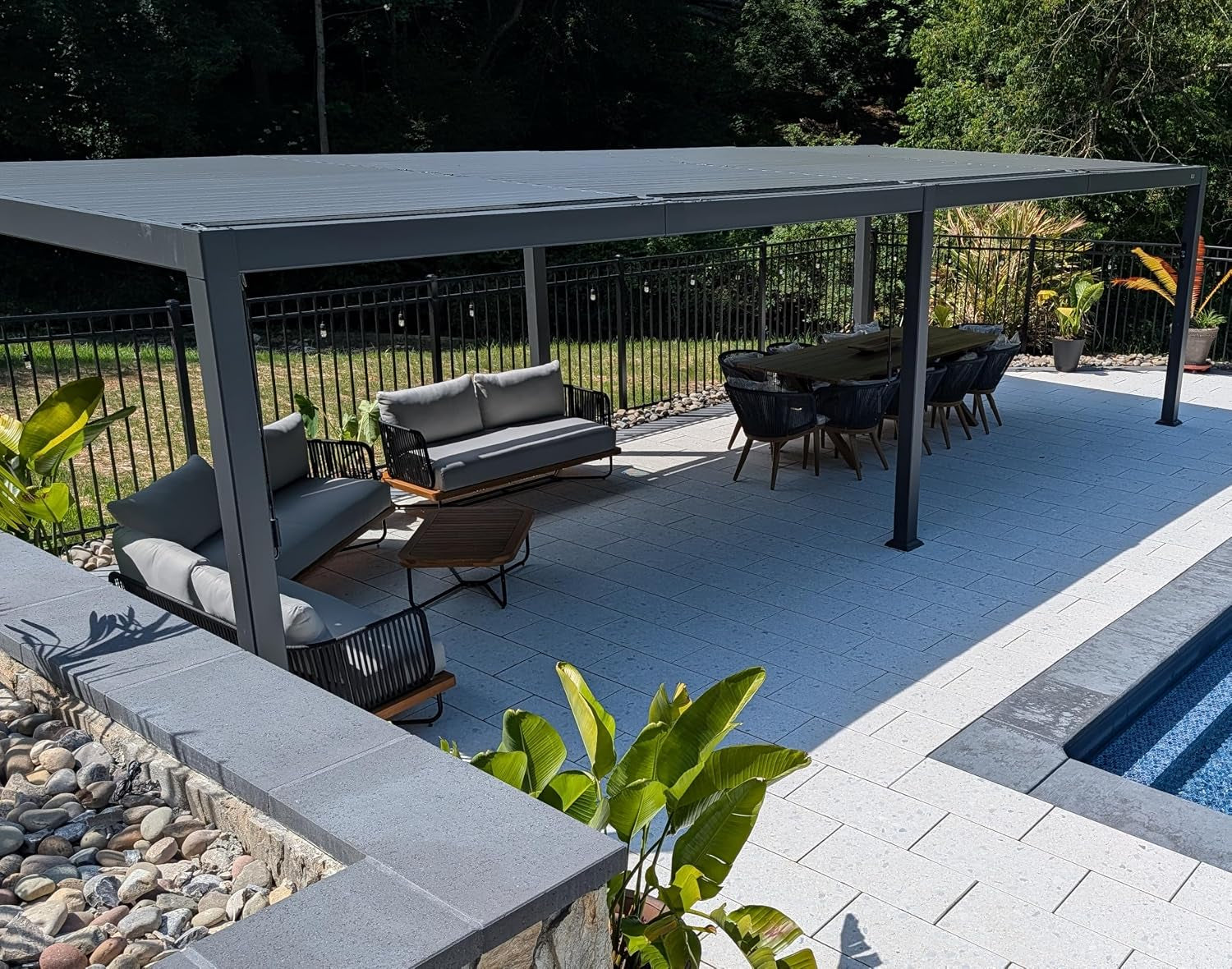 92KS Outdoor Pergola 11.5' X 27.5' Large Aluminum Frame, Gray | 3-Level Brightness, Warm to Cool LED Light, Post-Mounted Controller, No Extra Wiring, Solar USB Power, 70MPH Wind-Resistant