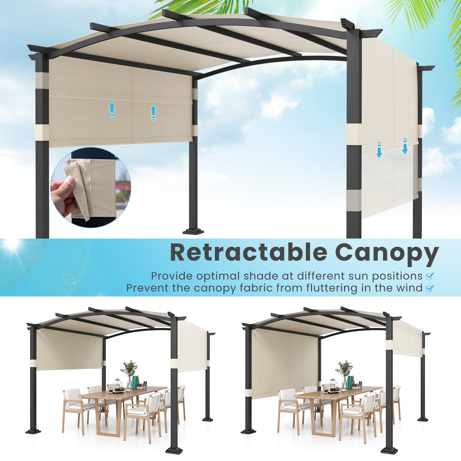 10 × 10 ft Outdoor Pergola with Retractable Sunshade Canopy