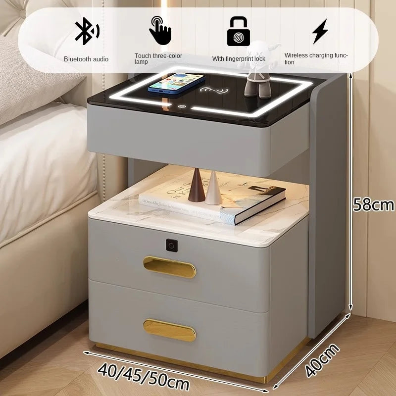 Smart Bedside Table with Sensor Light, Fingerprint Lock, Bluetooth Speaker and Wireless Charging