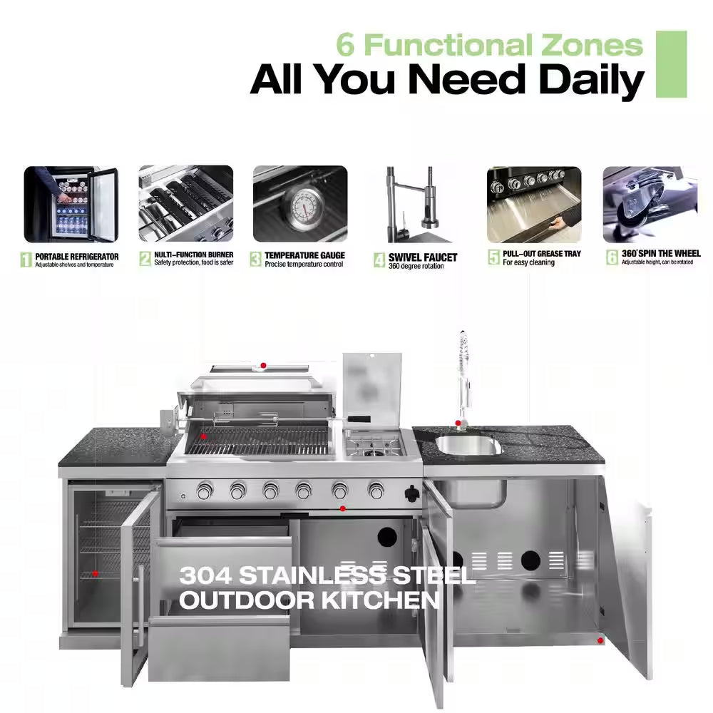 46 In. 4-Burner Propane Gas Grill Island Outdoor Kitchen in Stainless Steel with Refrigerator, Sink