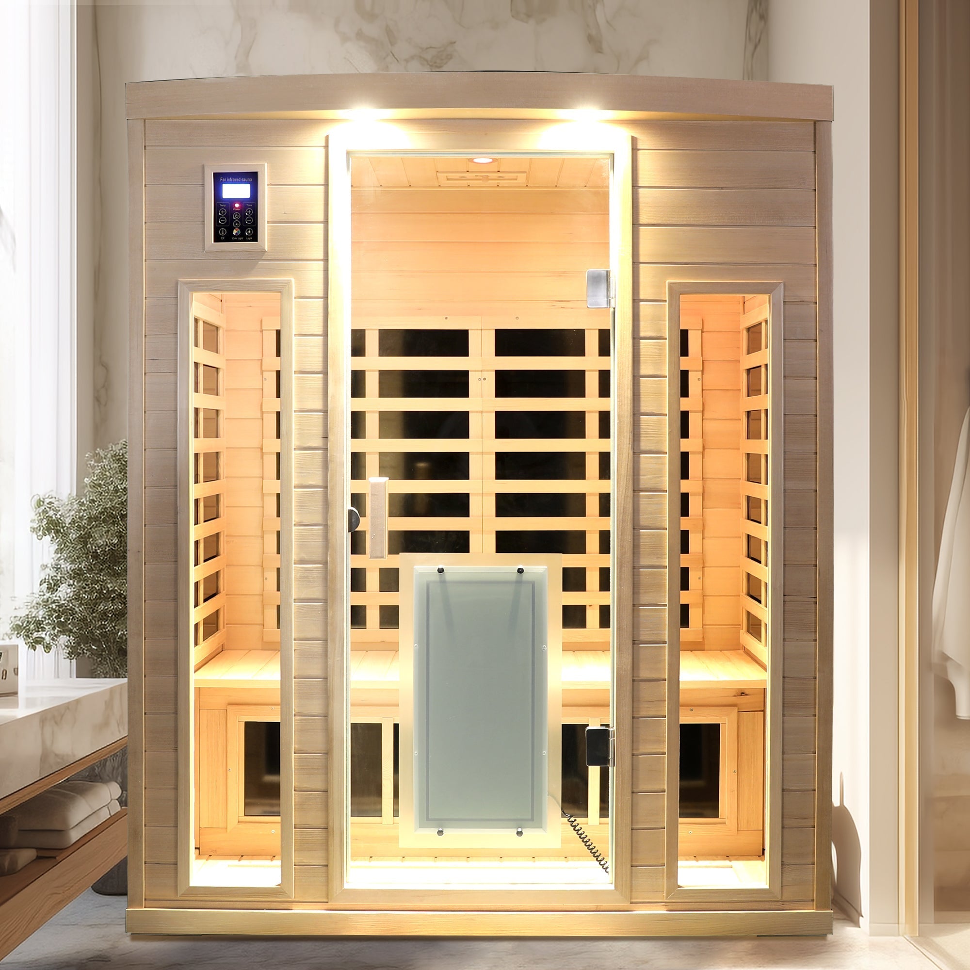 3-Person Low EMF Far Infrared Indoor Sauna with Hemlock Wood & Heated Glass Door