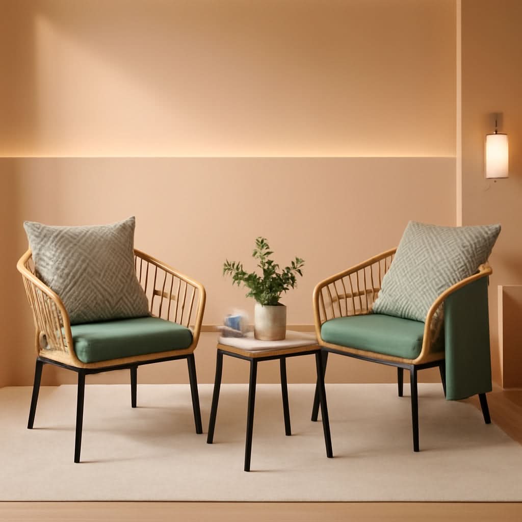 3-Piece Green Wicker Patio Bistro Set with Tempered Glass Table