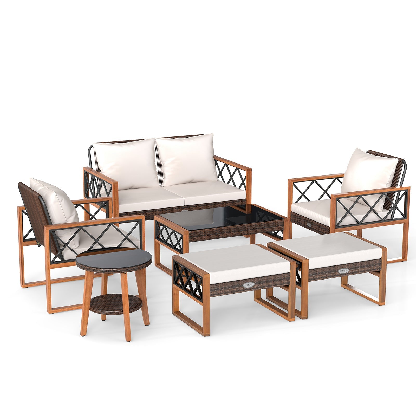 7-Piece PE Wicker and Acacia Wood Outdoor Conversation Set