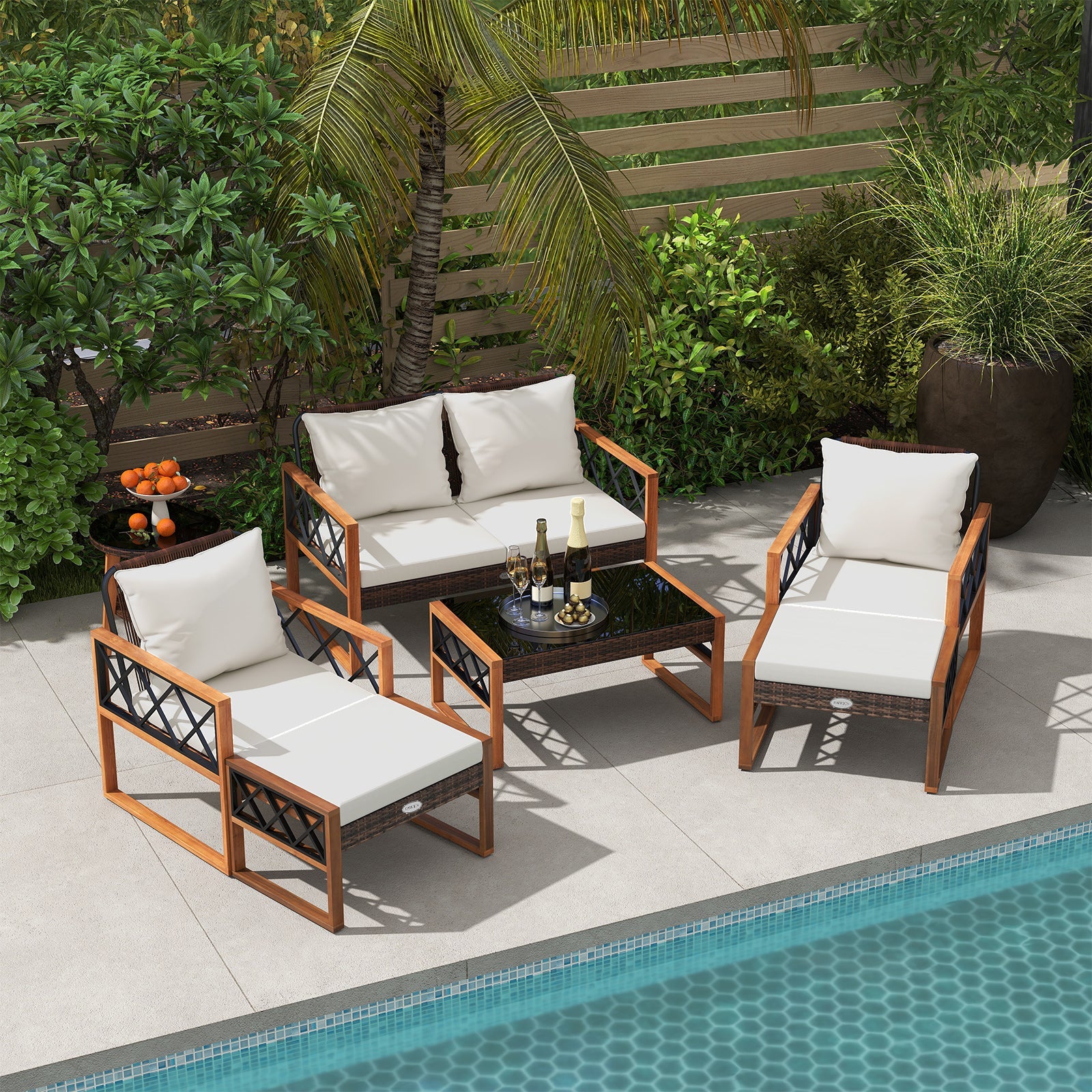 7-Piece PE Wicker and Acacia Wood Outdoor Conversation Set