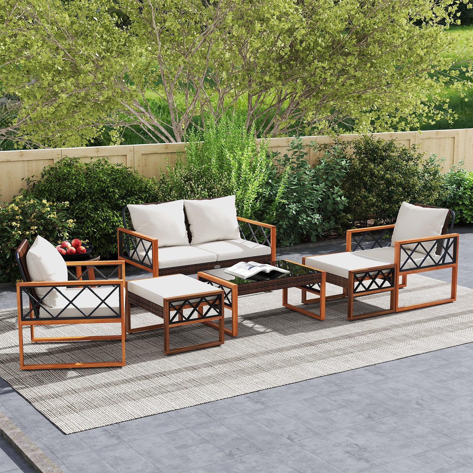 7-Piece PE Wicker and Acacia Wood Outdoor Conversation Set