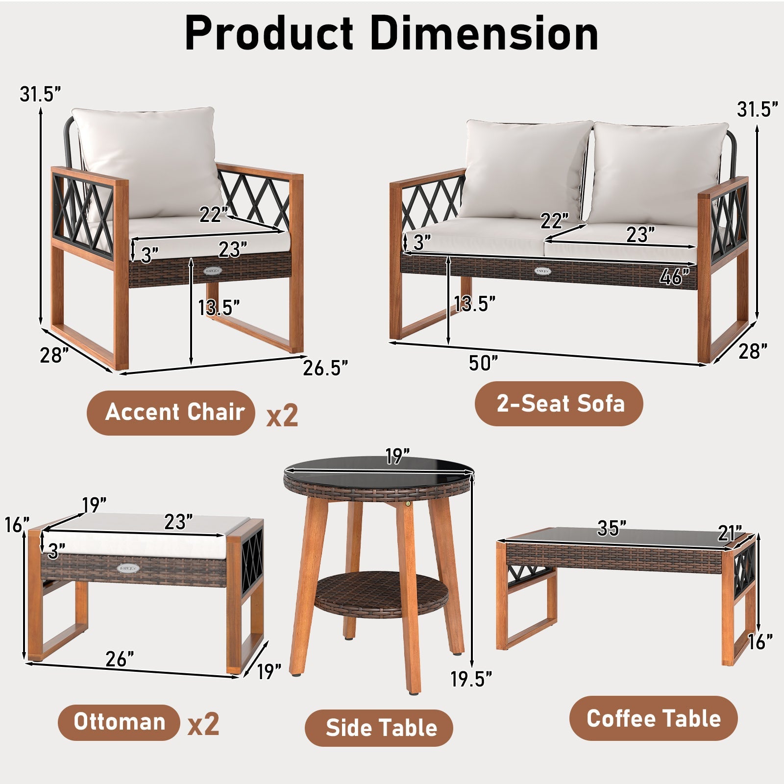 7-Piece PE Wicker and Acacia Wood Outdoor Conversation Set
