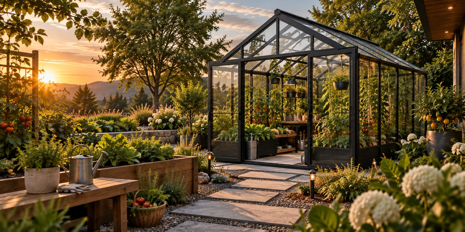 A backyard greenhouse full of plants at golden hour