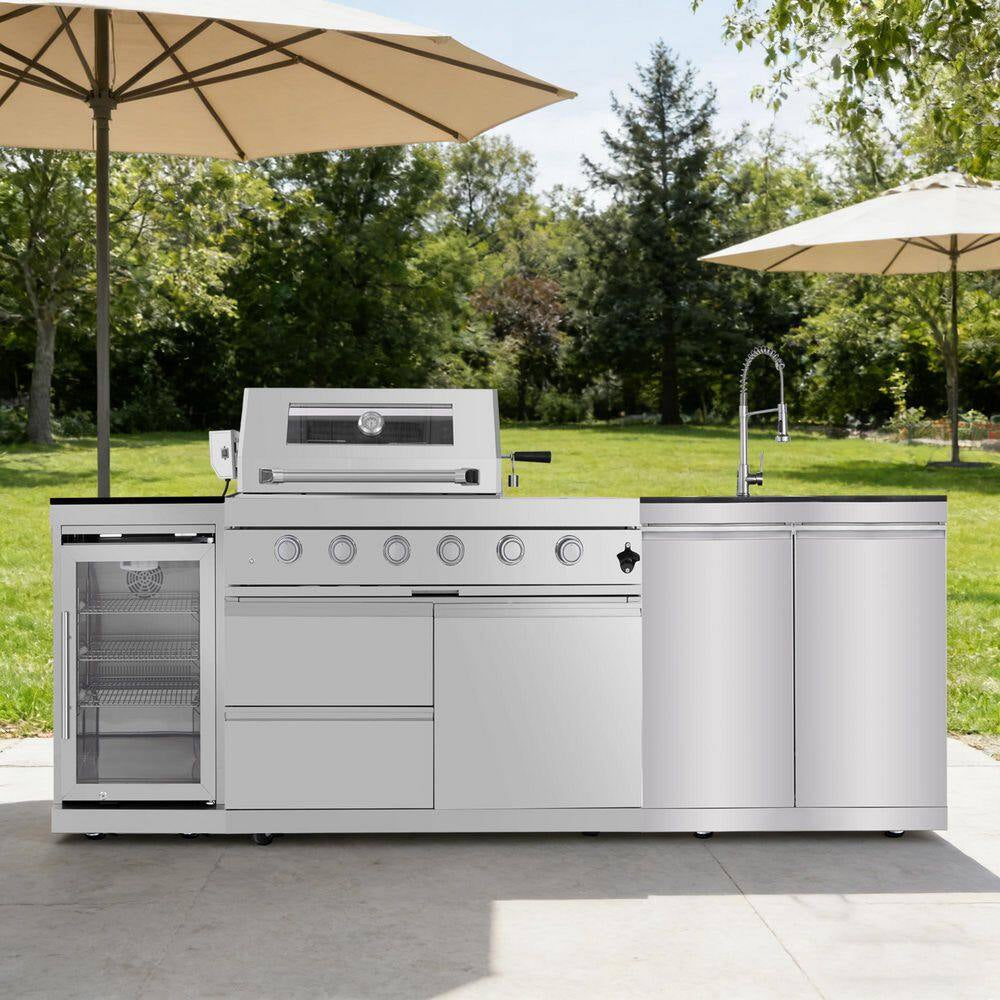 46 In. 4-Burner Propane Gas Grill Island Outdoor Kitchen in Stainless Steel with Refrigerator, Sink
