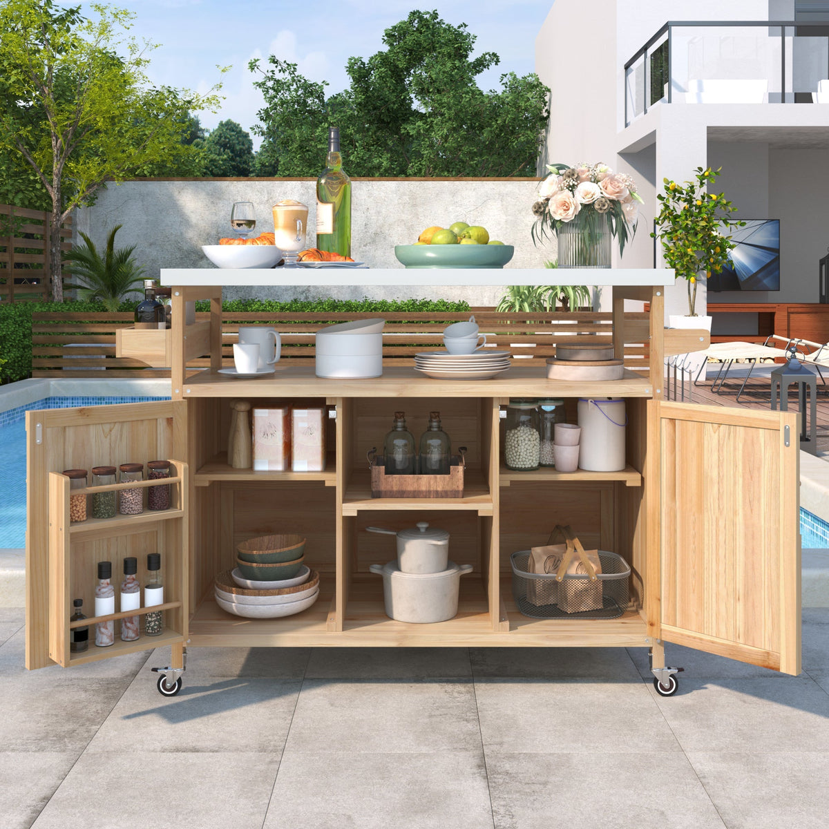 K&K Outdoor Kitchen Island, Rolling Bar Cart & Storage Cabinet