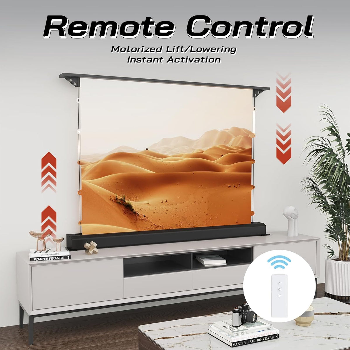 72 Inch Motorized Floor Rising Projector Screen, 16:9 HD Matte White, Retractable Roll up Movie Screen with Remote, 4K 8K Projector Screen for Home Theater Bedroom Small Space