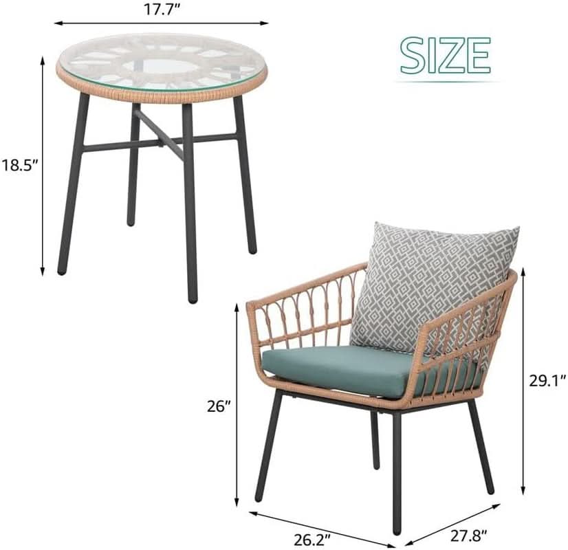 3-Piece Green Wicker Patio Bistro Set with Tempered Glass Table