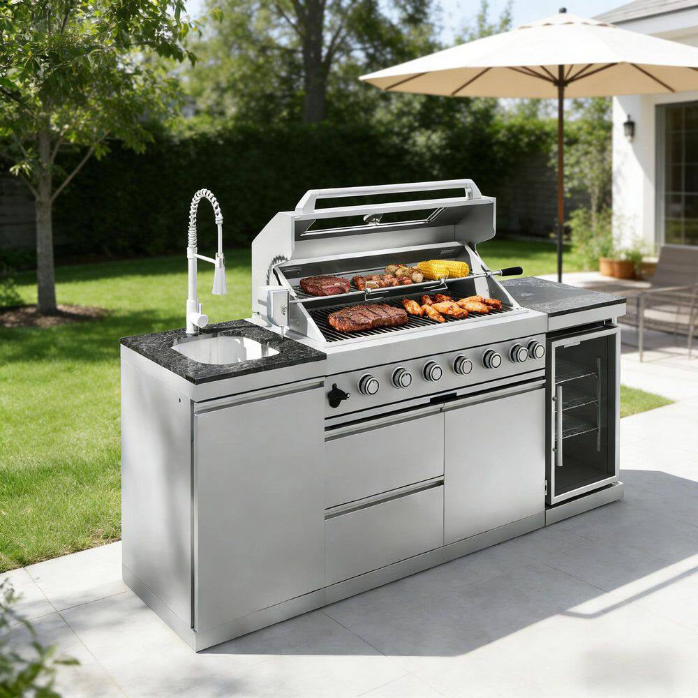 43 In. 6-Burner 85000 BTU Propane Gas Grill Island Outdoor Kitchen with Refrigerator, Sink in Silver Stainless Steel