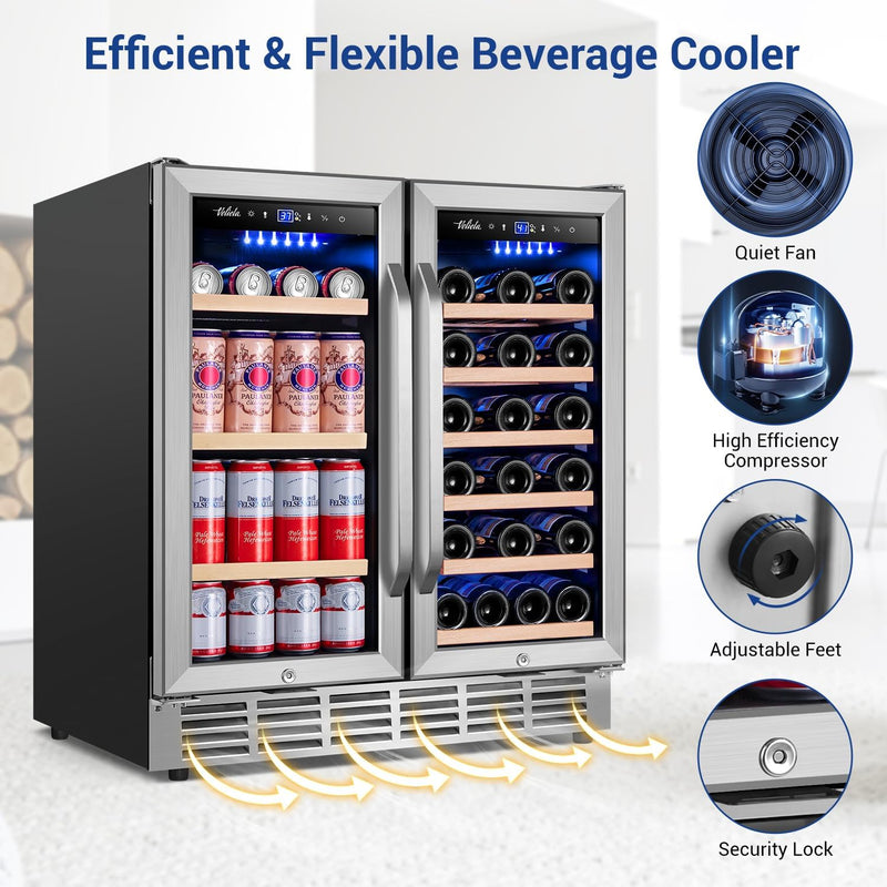 Wine and Beverage Refrigerator 30 Inch, Upgrade Dual Zone Wine Cooler, 30'' Wine Beverage Fridge Built in or Freestanding under Counter Large Capacity Glass Door Advanced Cooling System