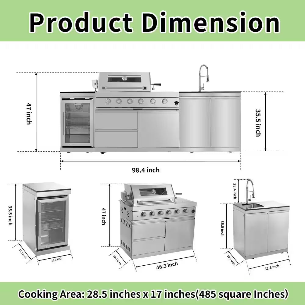 46 In. 4-Burner Propane Gas Grill Island Outdoor Kitchen in Stainless Steel with Refrigerator, Sink
