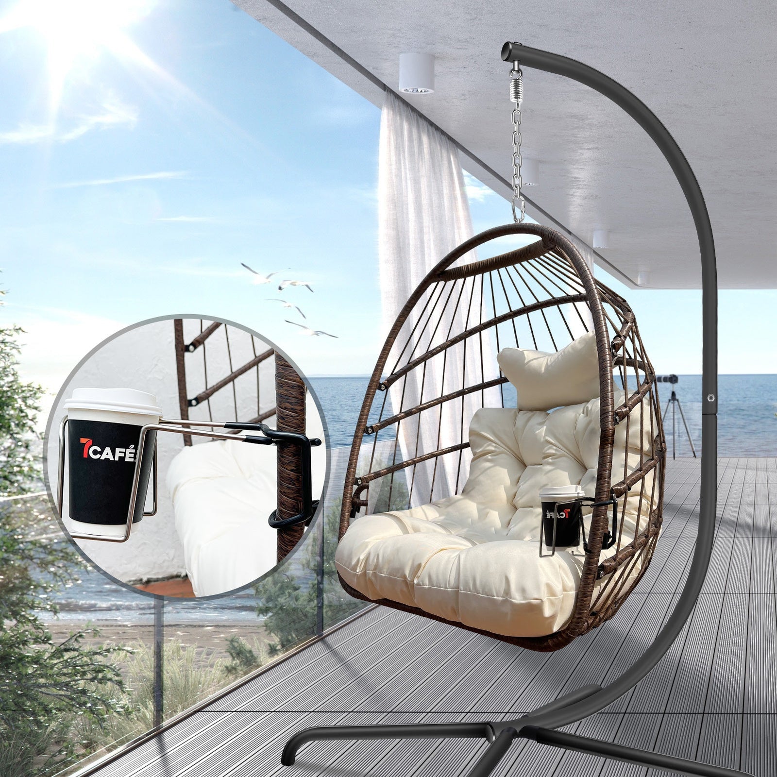 Swing Egg Chair with Stand & UV-Resistant Cushion