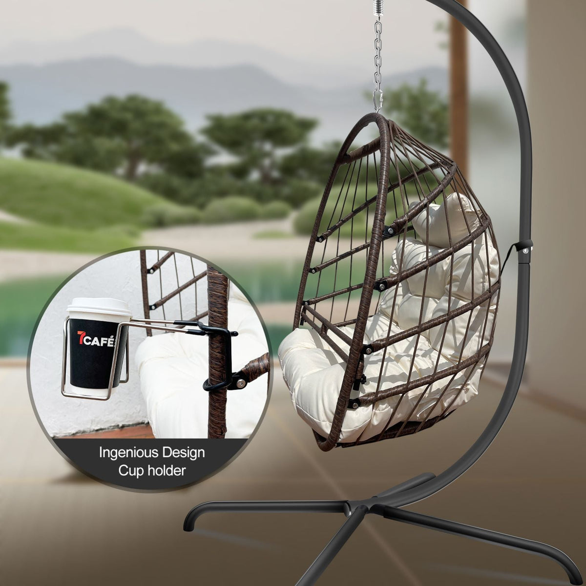 Swing Egg Chair with Stand & UV-Resistant Cushion