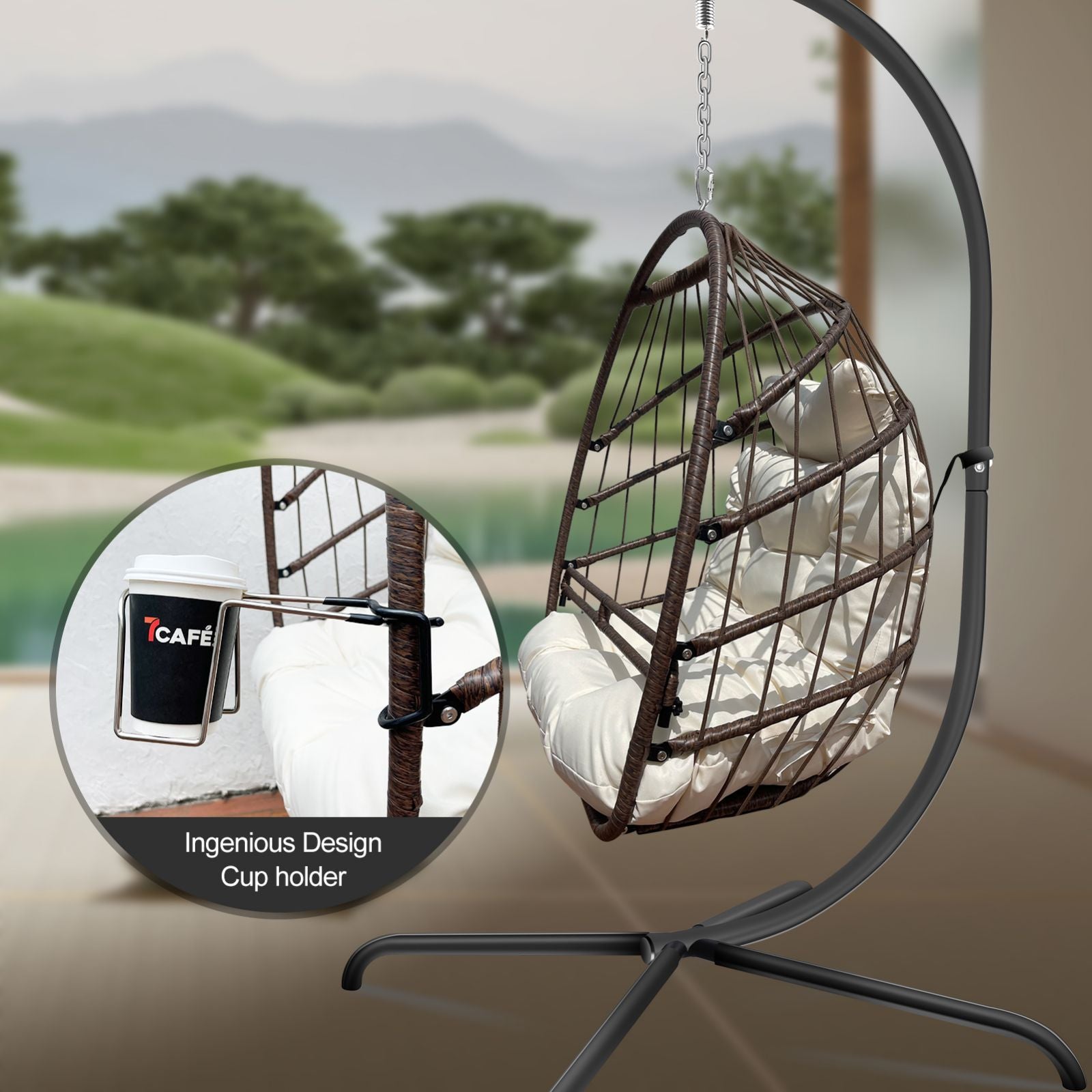 Swing Egg Chair with Stand & UV-Resistant Cushion