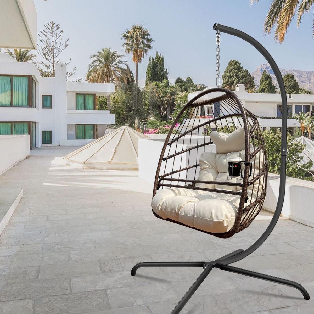 Swing Egg Chair with Stand & UV-Resistant Cushion