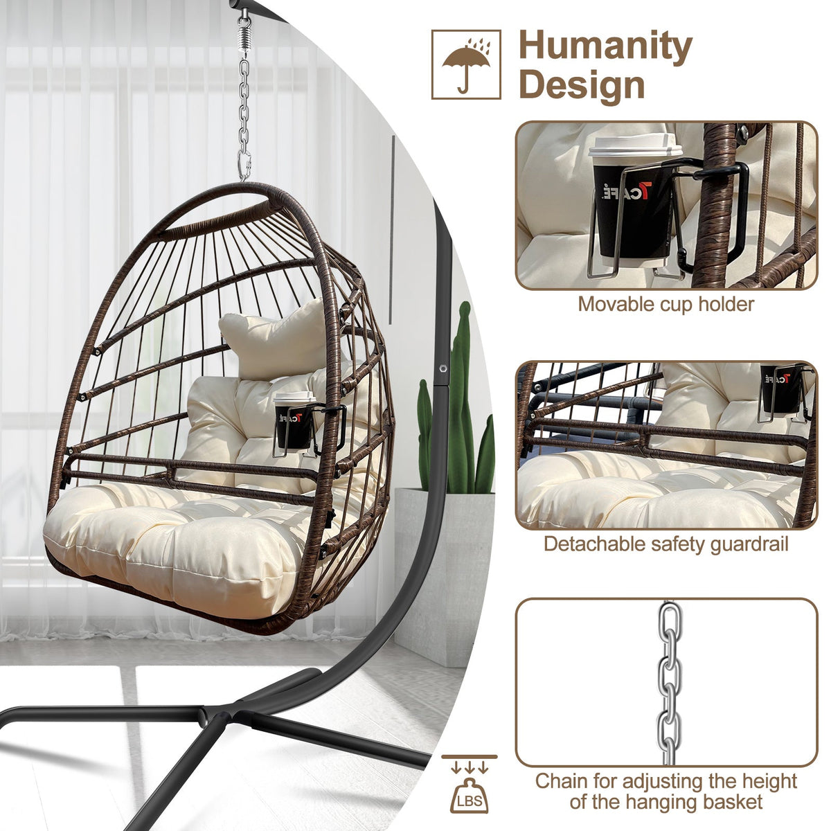 Swing Egg Chair with Stand & UV-Resistant Cushion