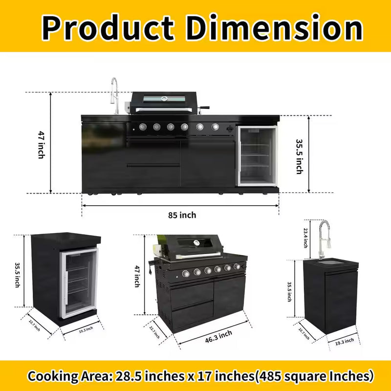 46 In. 4-Burner 72000 BTU Propane Gas Grill Island Outdoor Kitchen with Refrigerator, Sink in Black Stainless Steel