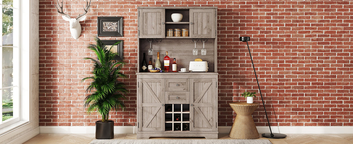 Farmhouse Coffee Bar Cabinet with Wine & Glass Storage - Brown Oak