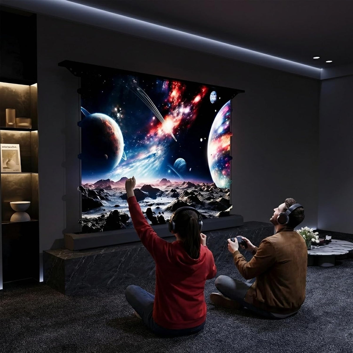 72 Inch Motorized Floor Rising Projector Screen, 16:9 HD Matte White, Retractable Roll up Movie Screen with Remote, 4K 8K Projector Screen for Home Theater Bedroom Small Space