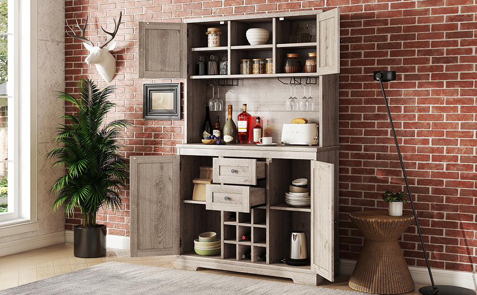 Farmhouse Coffee Bar Cabinet with Wine & Glass Storage - Brown Oak