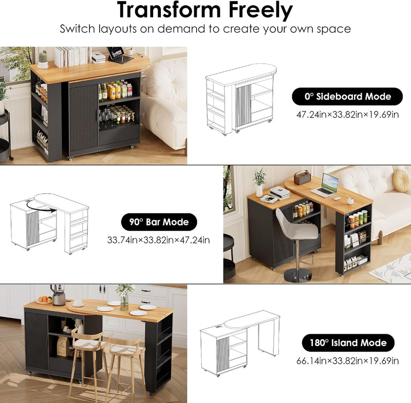 Rolling Kitchen Island with 360 Swivel Kitchen Island with Power Outlet | Rotating Kitchen Islands with Storage Cabinets Wood Kitchen Island Table for Kitchen, Bar, Dining Room