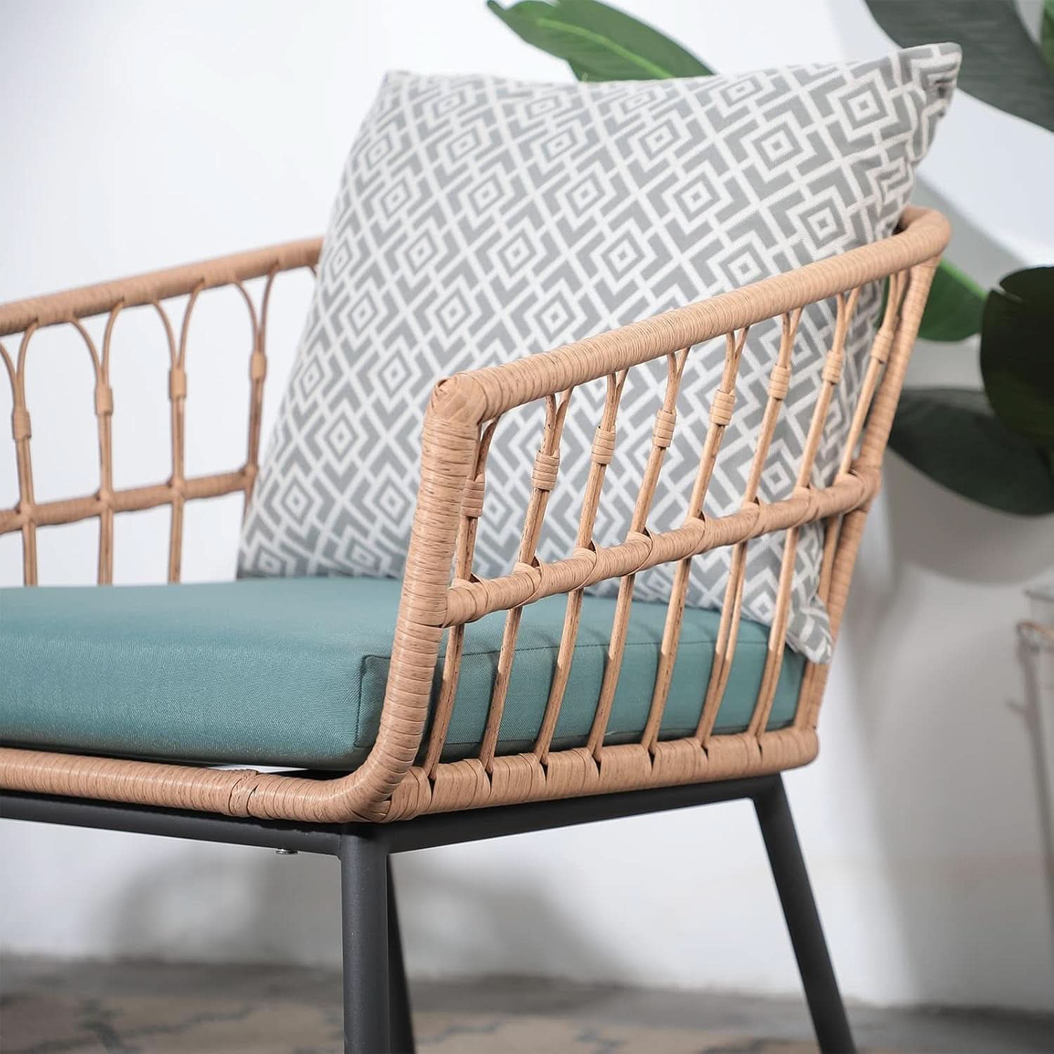 3-Piece Green Wicker Patio Bistro Set with Tempered Glass Table