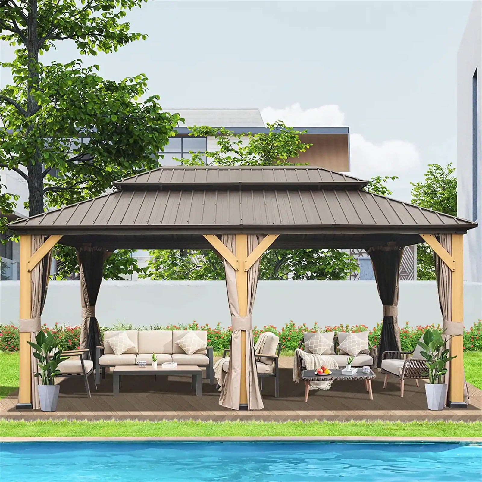 12X20 Ft Cedar Wood Gazebo Canopy with Roof, Curtains, and Netting