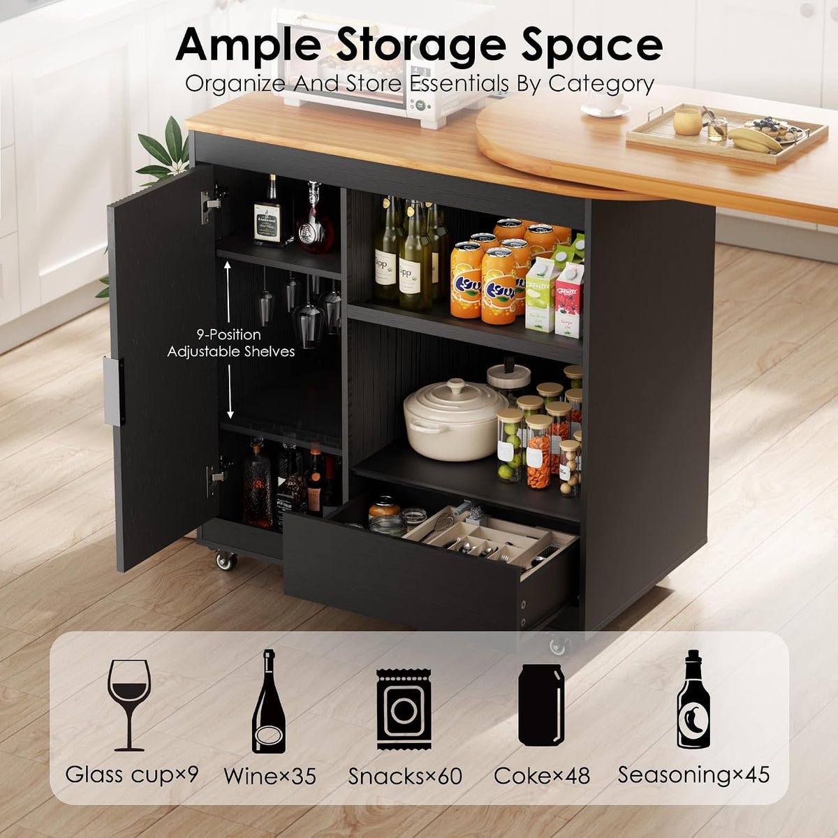 Rolling Kitchen Island with 360 Swivel Kitchen Island with Power Outlet | Rotating Kitchen Islands with Storage Cabinets Wood Kitchen Island Table for Kitchen, Bar, Dining Room