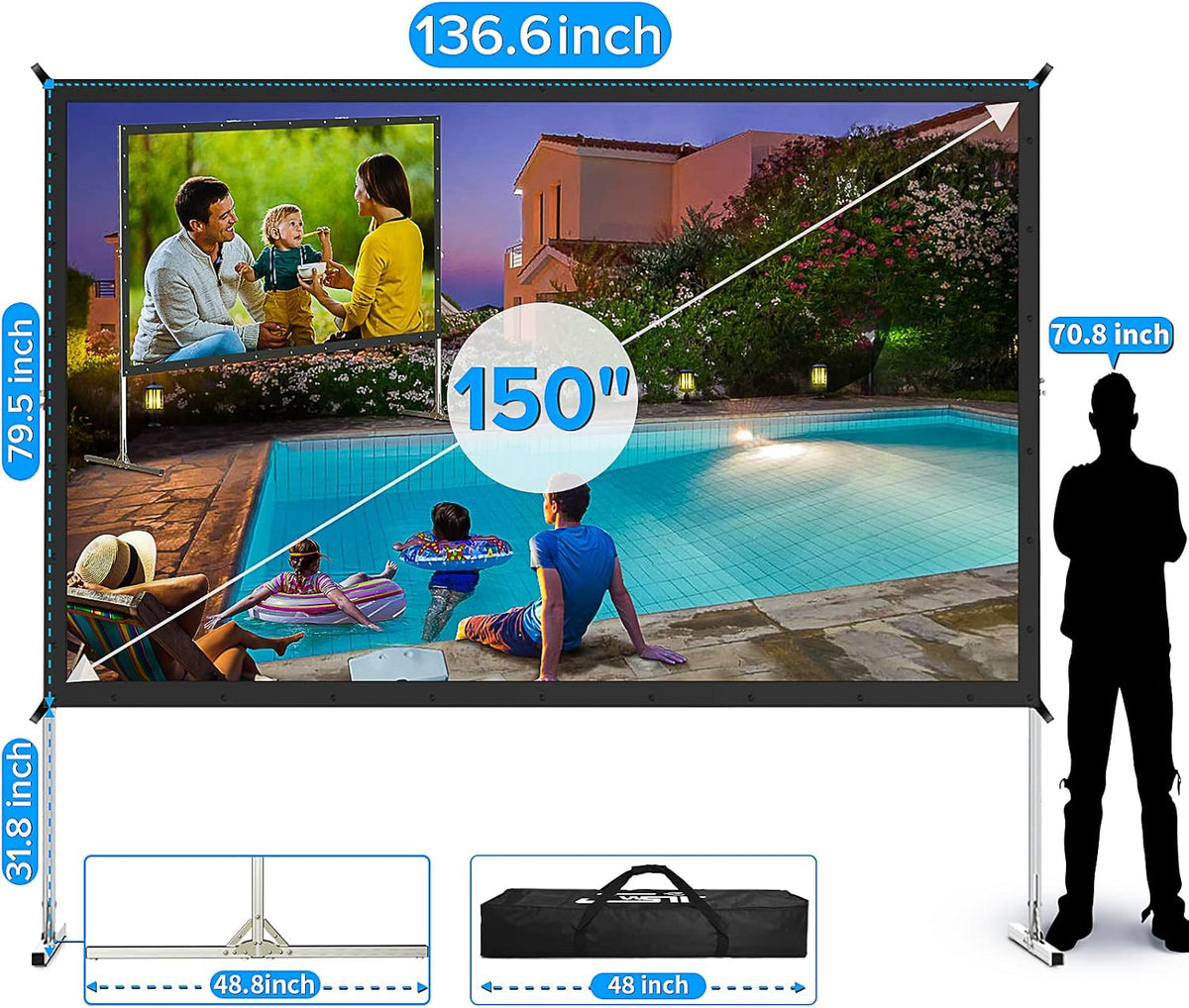 Projector Screen 150 Inch, 3-Layers PVC Projector Screen with Stand