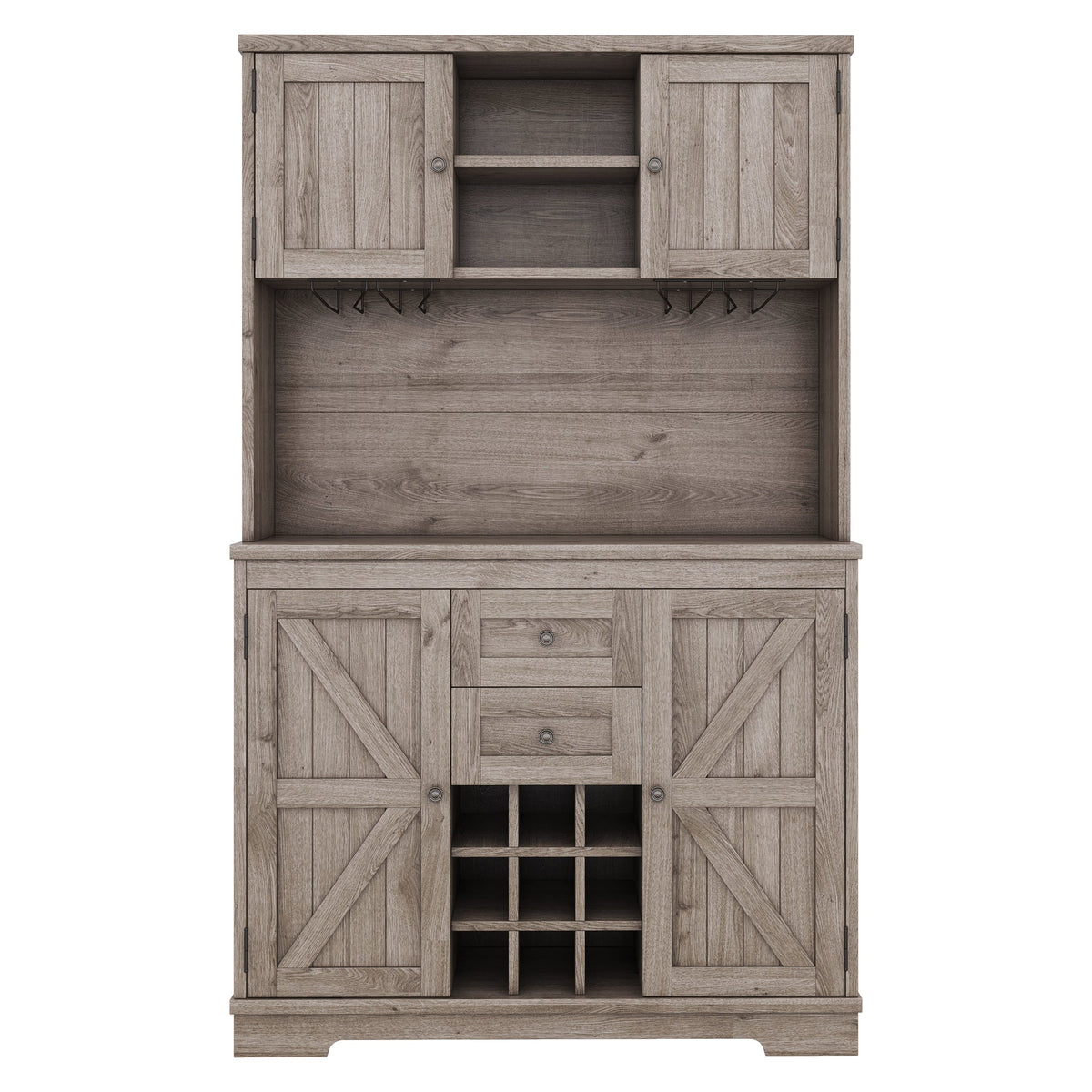 Farmhouse Coffee Bar Cabinet with Wine & Glass Storage - Brown Oak