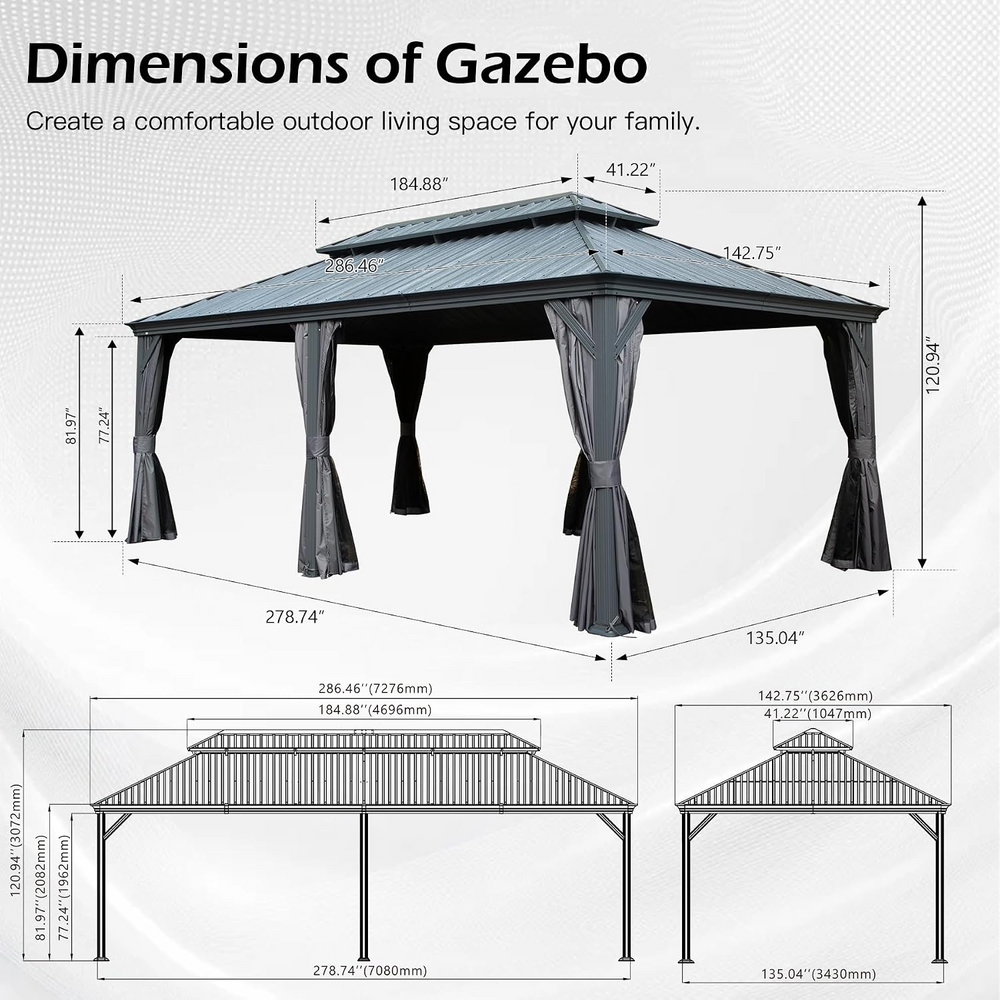 12 × 24 FT Outdoor Gazebo with Galvanized Steel Double Roof