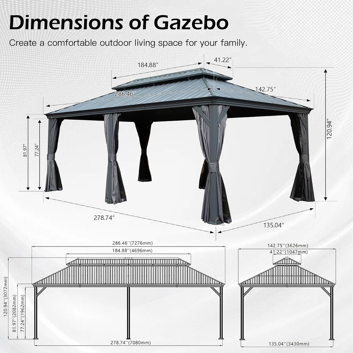 12 × 24 FT Outdoor Gazebo with Galvanized Steel Double Roof