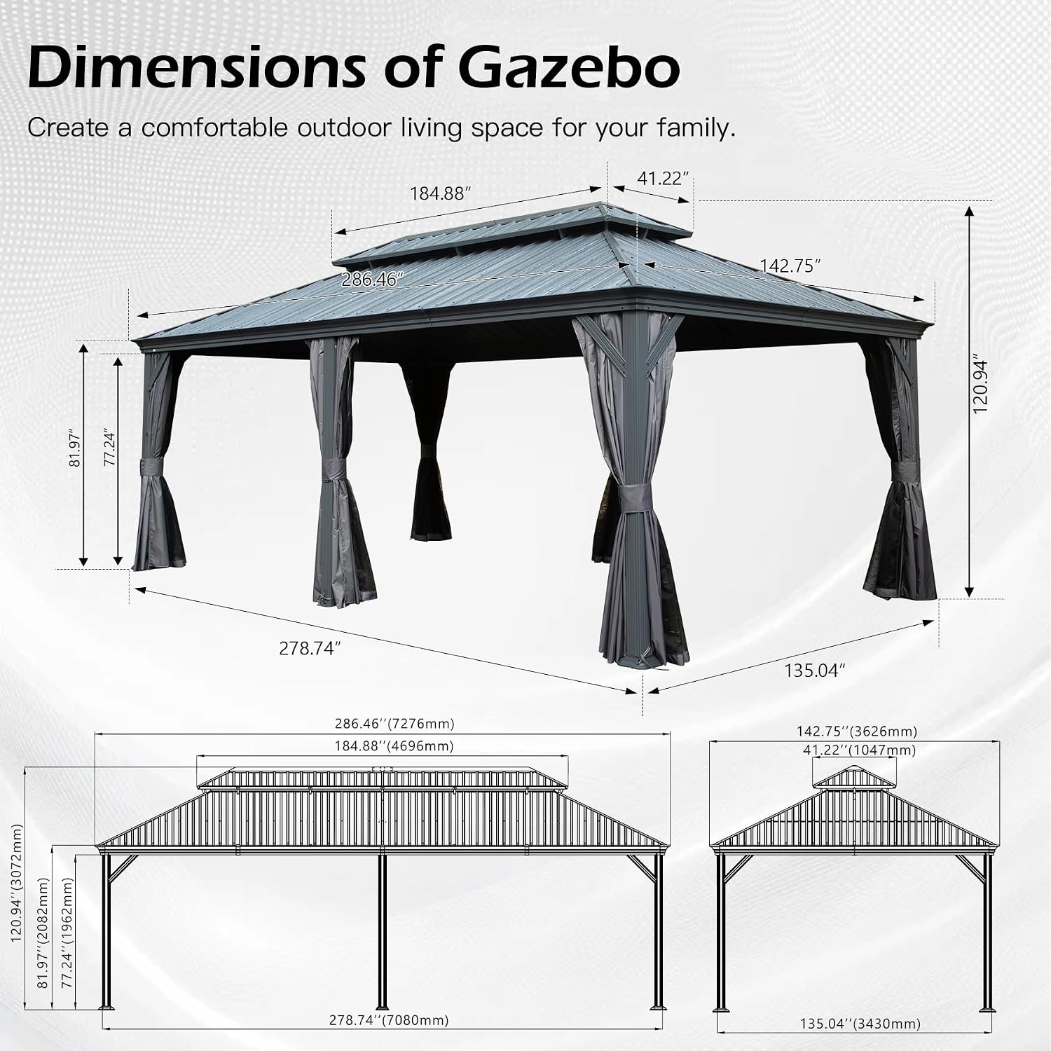 12 × 24 FT Outdoor Gazebo with Galvanized Steel Double Roof