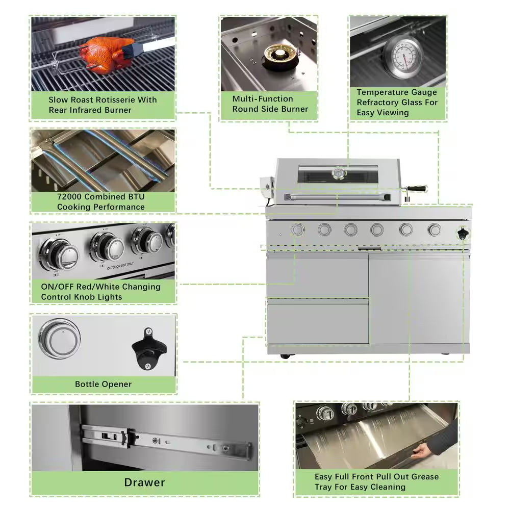 46 In. 4-Burner Propane Gas Grill Island Outdoor Kitchen in Stainless Steel with Refrigerator, Sink