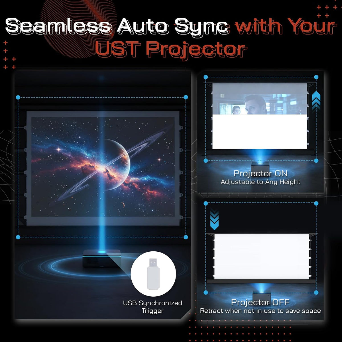 72 Inch Motorized Floor Rising Projector Screen, 16:9 HD Matte White, Retractable Roll up Movie Screen with Remote, 4K 8K Projector Screen for Home Theater Bedroom Small Space