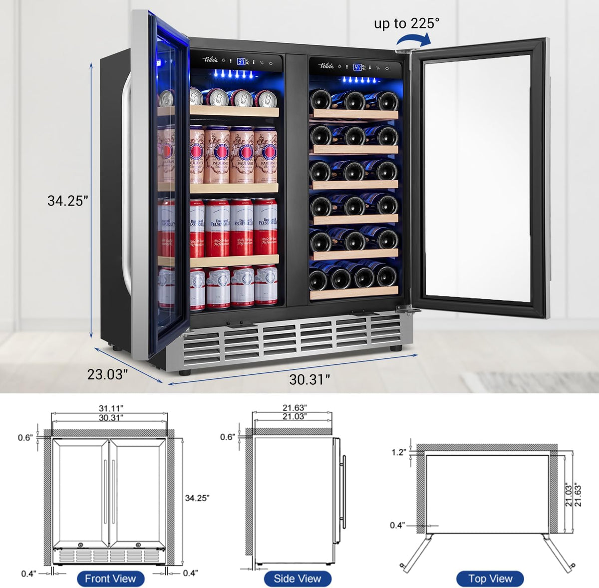 Wine and Beverage Refrigerator 30 Inch, Upgrade Dual Zone Wine Cooler, 30'' Wine Beverage Fridge Built in or Freestanding under Counter Large Capacity Glass Door Advanced Cooling System