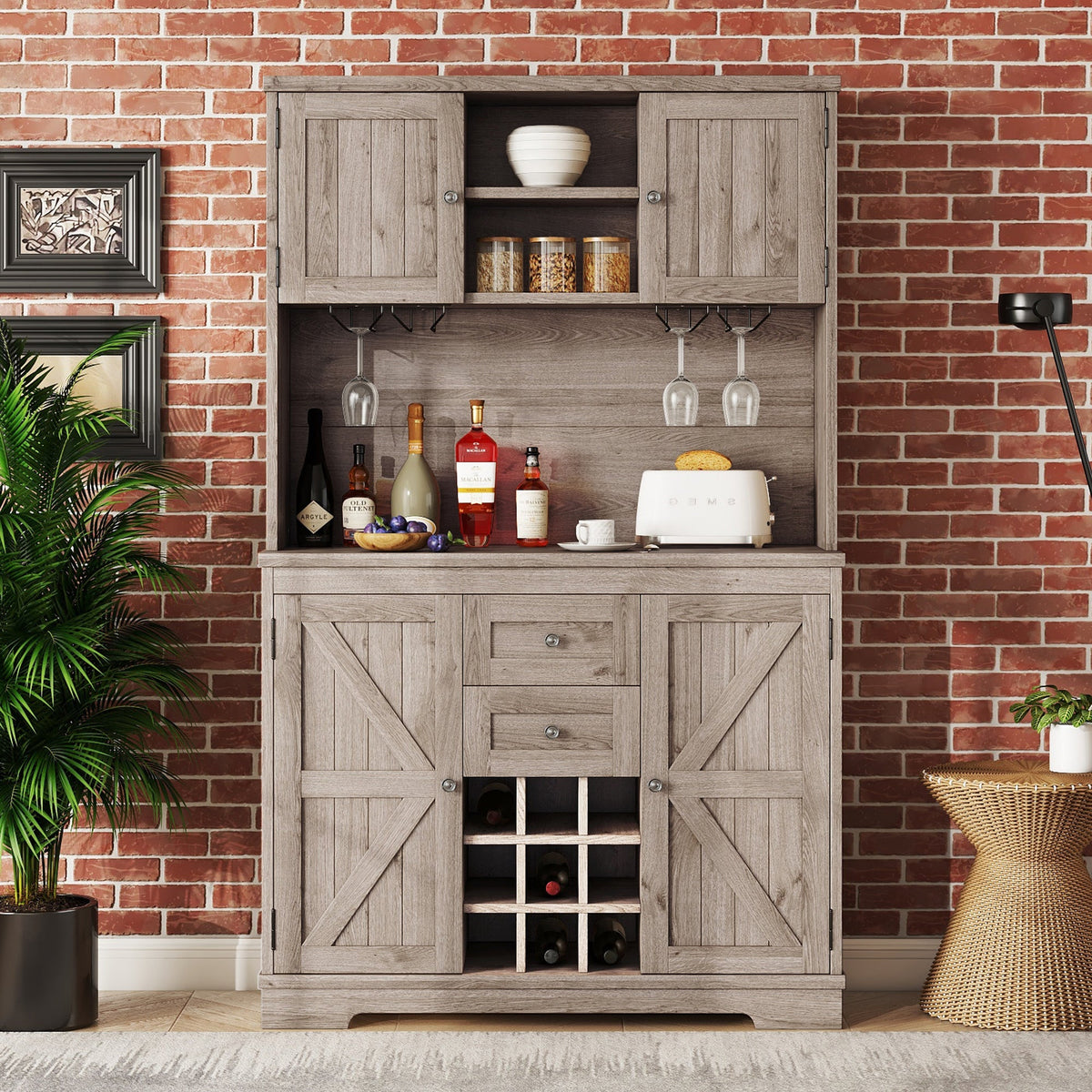 Farmhouse Coffee Bar Cabinet with Wine & Glass Storage - Brown Oak