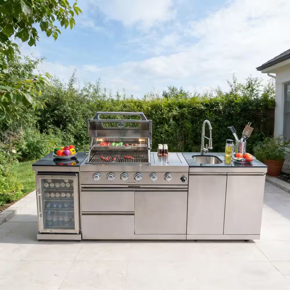 46 In. 4-Burner Propane Gas Grill Island Outdoor Kitchen in Stainless Steel with Refrigerator, Sink