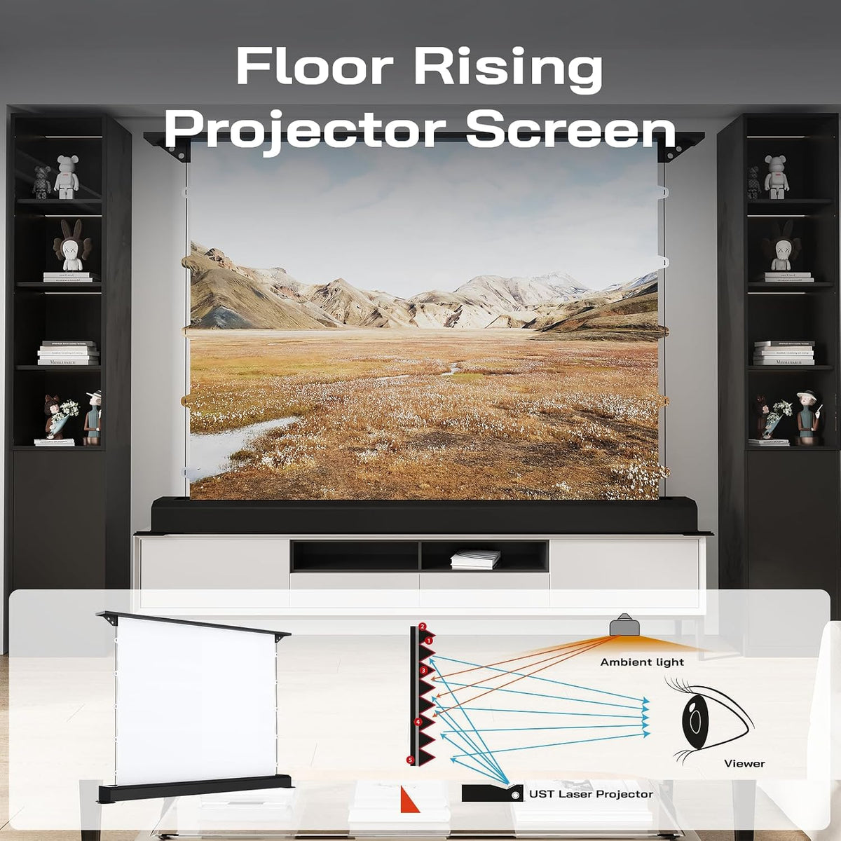 72 Inch Motorized Floor Rising Projector Screen, 16:9 HD Matte White, Retractable Roll up Movie Screen with Remote, 4K 8K Projector Screen for Home Theater Bedroom Small Space