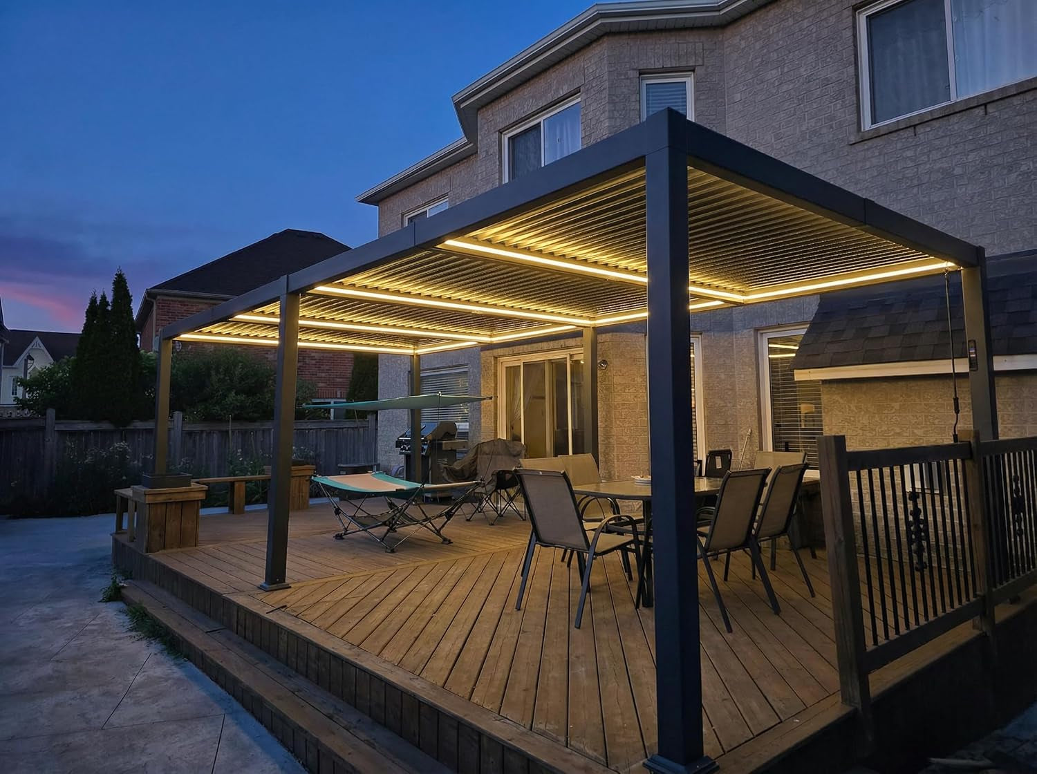 92KS Outdoor Pergola 11.5' X 27.5' Large Aluminum Frame, Gray | 3-Level Brightness, Warm to Cool LED Light, Post-Mounted Controller, No Extra Wiring, Solar USB Power, 70MPH Wind-Resistant