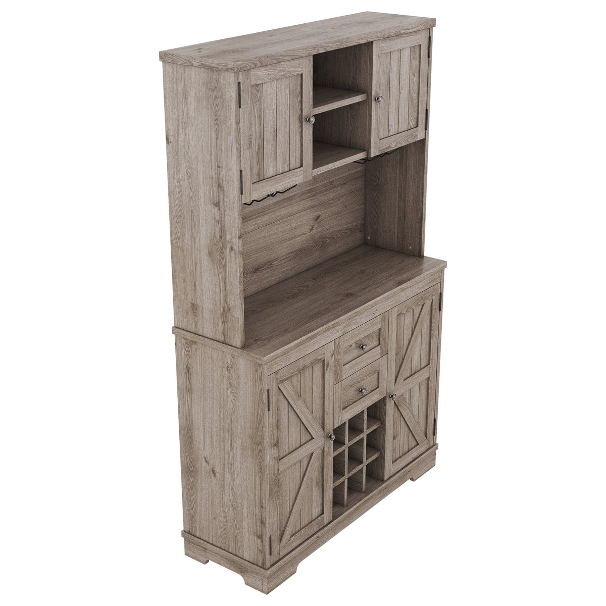 Farmhouse Coffee Bar Cabinet with Wine & Glass Storage - Brown Oak