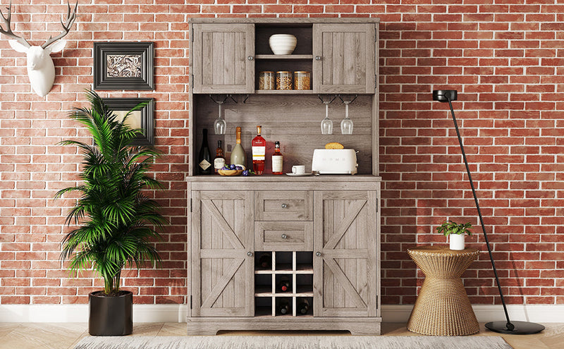 Farmhouse Coffee Bar Cabinet with Wine & Glass Storage - Brown Oak