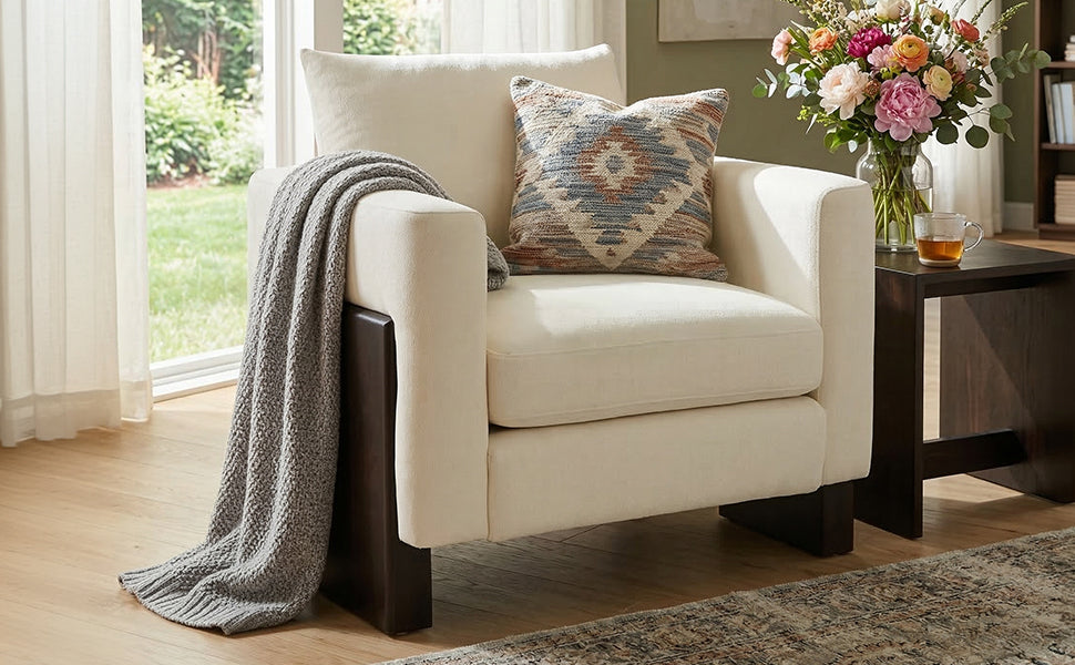 Modern Beige Chenille Accent Chair with Rubberwood Legs