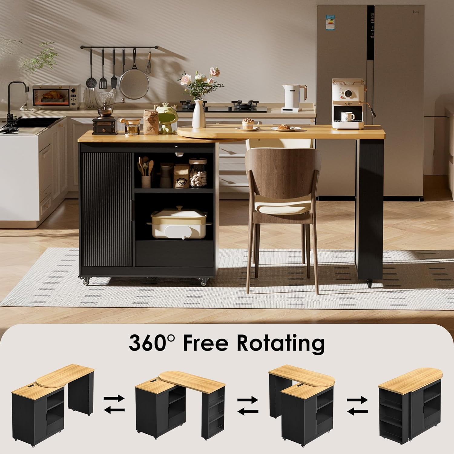 Rolling Kitchen Island with 360 Swivel Kitchen Island with Power Outlet | Rotating Kitchen Islands with Storage Cabinets Wood Kitchen Island Table for Kitchen, Bar, Dining Room