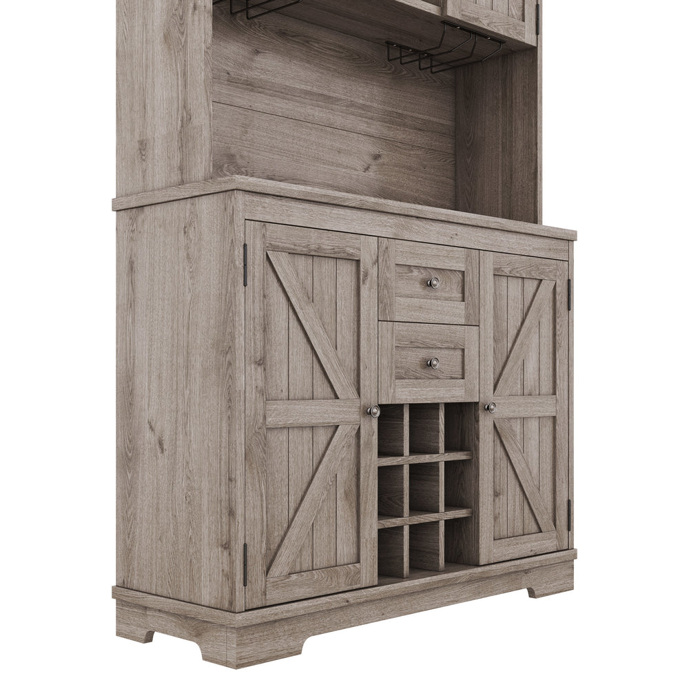 Farmhouse Coffee Bar Cabinet with Wine & Glass Storage - Brown Oak