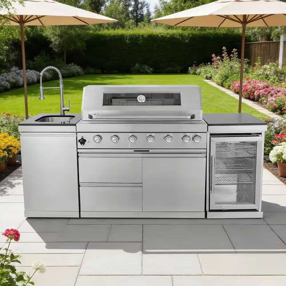 43 In. 6-Burner 85000 BTU Propane Gas Grill Island Outdoor Kitchen with Refrigerator, Sink in Silver Stainless Steel