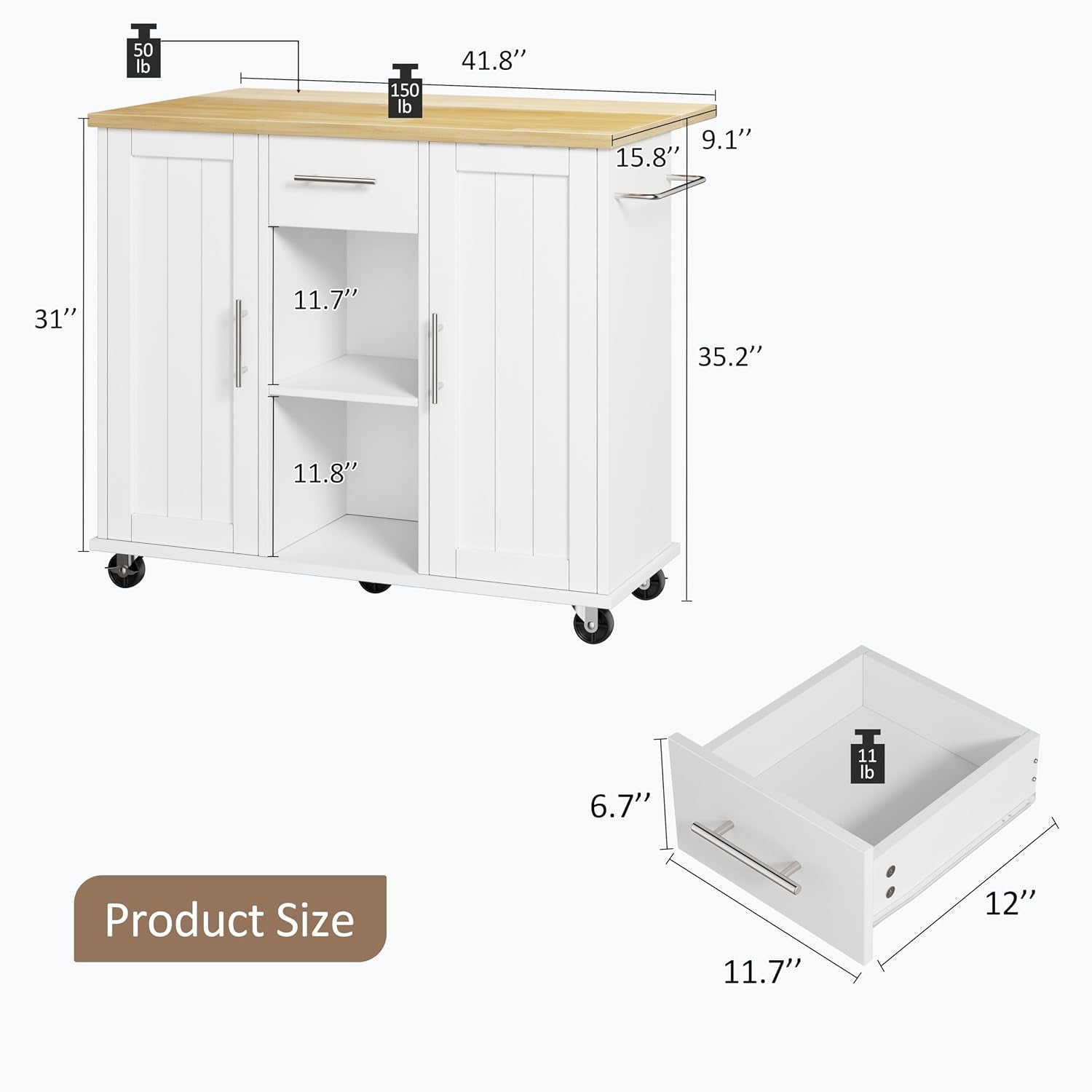 Island Table for Kitchen with Storage, Portable Kitchen Island Cart with Drop Leaf, Rolling Kitchen Island Table with Drawer, Cabinet & Towel Rack, Farmhouse Kitchen Island, White
